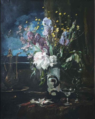 oeuvre de eugène baudin - fleurs dans un vase avec aiguière - huile sur toile