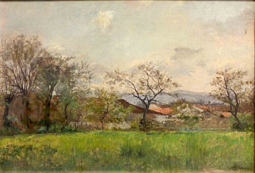 oeuvre de charles beauverie - corps de ferme dans la plaine du forez - huile sur toile