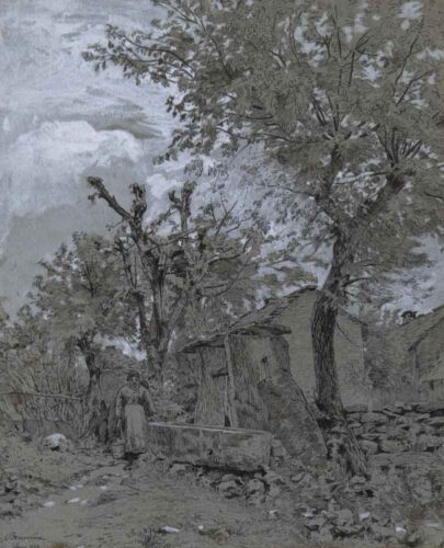 oeuvre de charles beauverie - la ferme à optevoz - dessin réhaussé sur papier