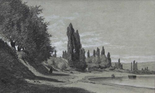 oeuvre de charles beauverie - paysage animé au bord d’un étang - crayon noir sur papier