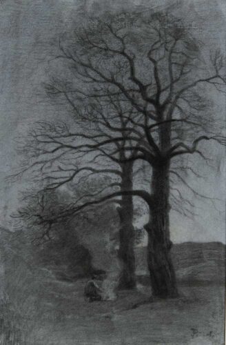 oeuvre de joseph-alfred bellet du poisat - paysage - crayon noir et craie blanche sur papier bleu