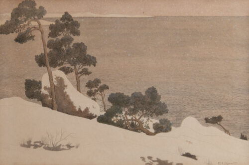 oeuvre de oskar bergman - paysage de neige à ljusterö - aquarelle sur papier