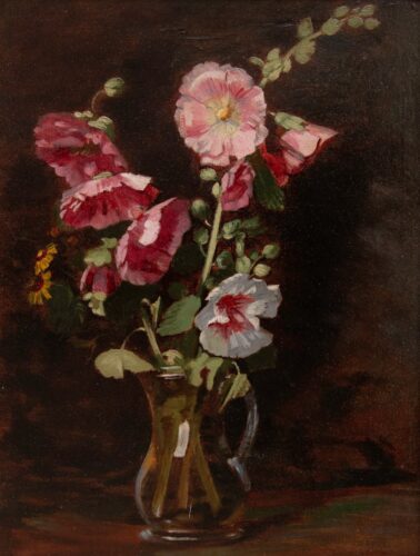 oeuvre de antoine berjon - roses trémières dans un pichet de verre - huile sur papier, marouflée sur toile