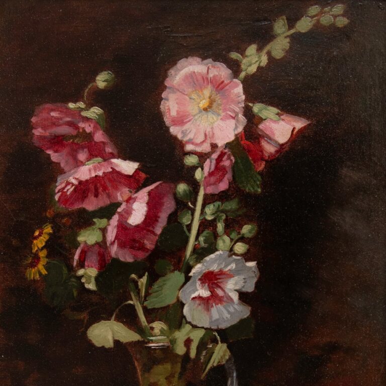 oeuvre de antoine berjon - roses trémières dans un pichet de verre - huile sur papier, marouflée sur toile