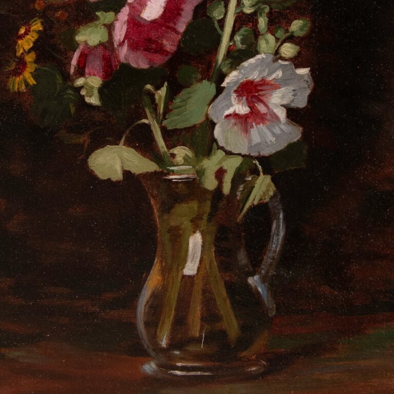 oeuvre de antoine berjon - roses trémières dans un pichet de verre - huile sur papier, marouflée sur toile