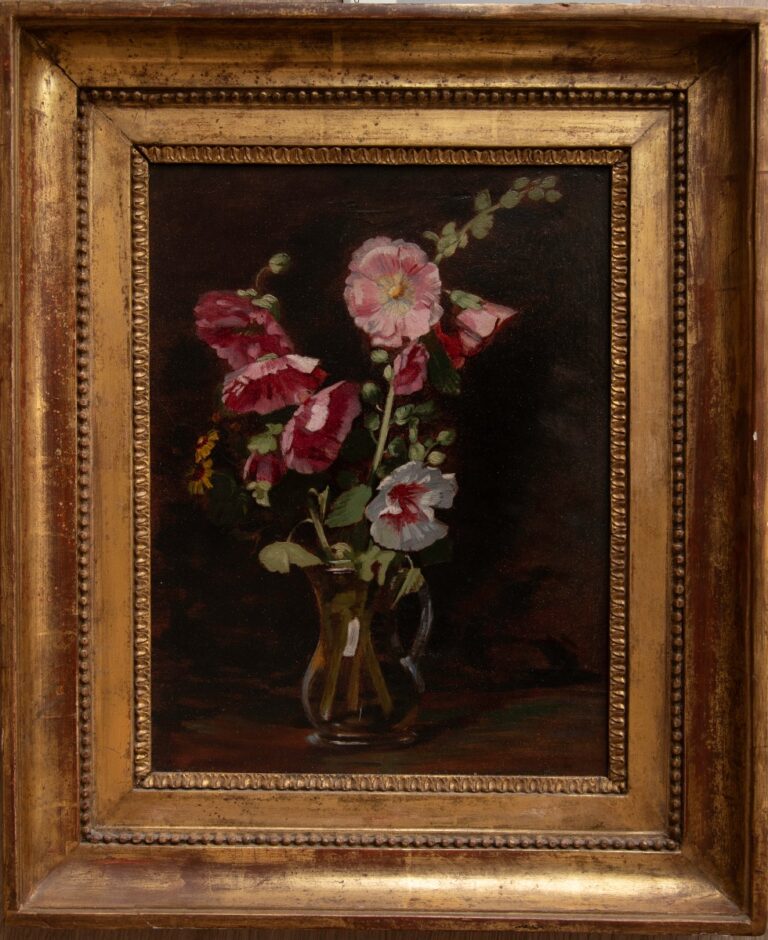 oeuvre de antoine berjon - roses trémières dans un pichet de verre - huile sur papier, marouflée sur toile