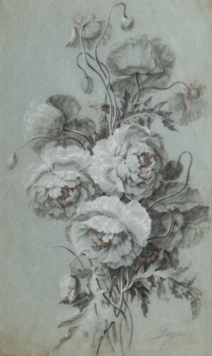 oeuvre de antoine berjon - bouquet de pivoines - pastel sur papier bleu
