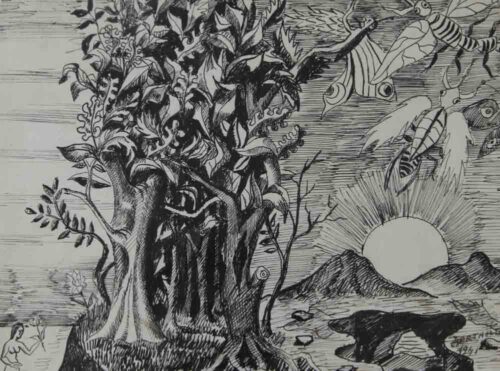 oeuvre de jean bertholle - l’arbre à papillons - plume sur papier