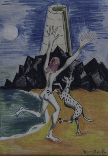 oeuvre de jean bertholle - femme courant dans une paysage surréaliste - crayon de couleur sur papier