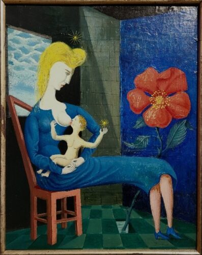 oeuvre de jean bertholle - maternité à la rose - huile sur panneau