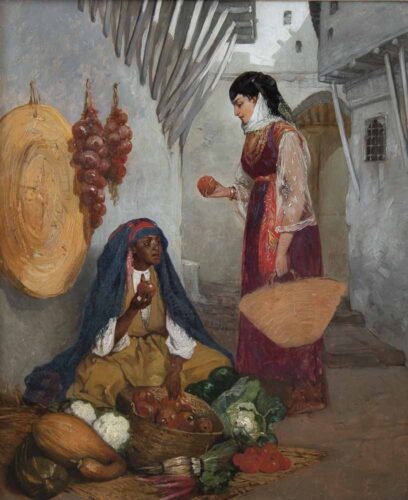 oeuvre de pierre marie beyle - scène de marché orientale - huile sur panneau