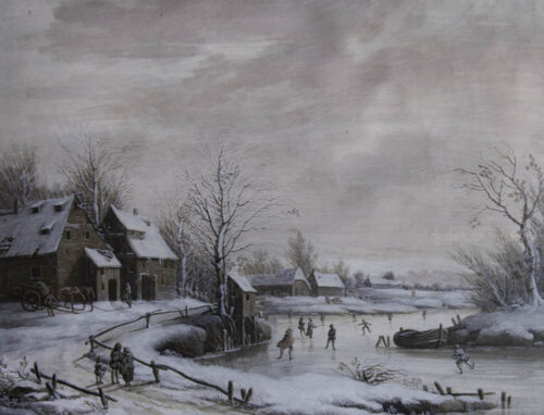 oeuvre de henri désiré van blarenberghe - patineurs (attribué à) - gouache sur papier
