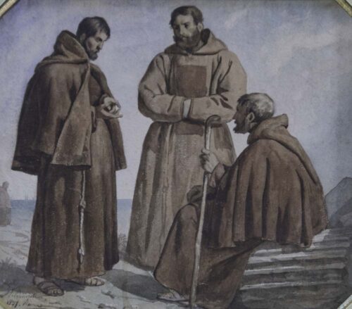 oeuvre de pierre bonirote - trois franciscains dans un paysage - aquarelle sur papier