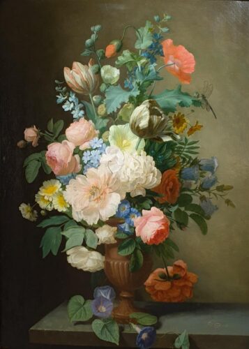 oeuvre de claude bonnefond - bouquet de fleurs épanouies dans un vase médicis - huile sur toile