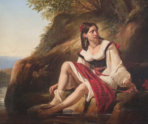 oeuvre de claude bonnefond - italienne au bord du ruisseau - huile sur toile
