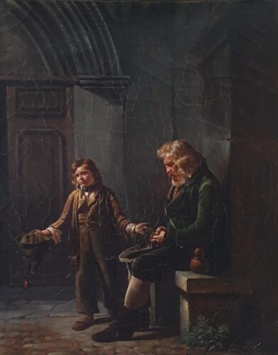 oeuvre de claude bonnefond - vieux soldat faisant l’aumône - huile sur toile