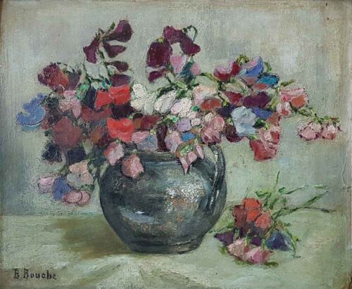 oeuvre de blanche bouche - nature morte au bouquet de fleur dans un pot en fer - huile sur toile