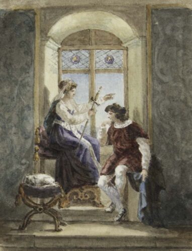 oeuvre de louis boulanger - scène troubadour - aquarelle sur papier