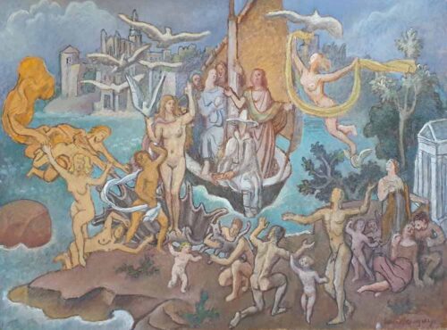 oeuvre de louis bouquet - le voyage de l’homme en blanc - huile sur papier