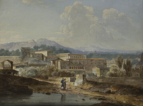 oeuvre de florent fidèle constant bourgeois - paysage d’italie avec une fabrique à l’antique - plume sur papier