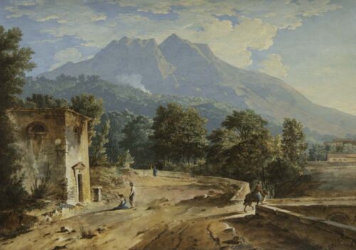 oeuvre de florent fidèle constant bourgeois - paysage d’italie et personnages - aquarelle sur papier