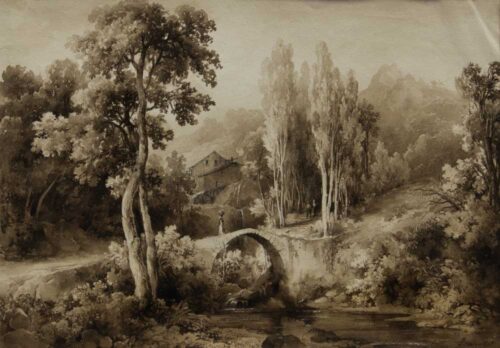 oeuvre de raymond bracassat - vue d’un pont à amalfi - plume et encre brune, lavis brun sur papier