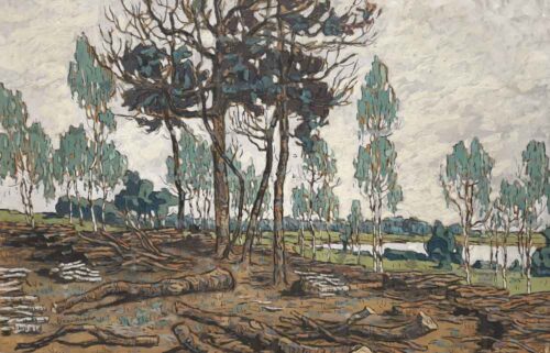 oeuvre de eugène brouillard - coupe de bois, étang de chassagne - huile sur carton