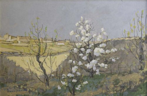oeuvre de eugène brouillard - paysage au poirier en fleurs et village - huile en carton