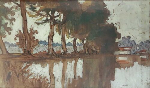 oeuvre de eugène brouillard - reflets sur un étang de la dombes - technique mixte sur carton