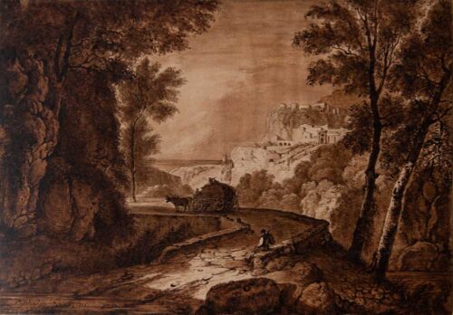 oeuvre de achille etna michallon - paysage d’italie - lavis brun sur papier