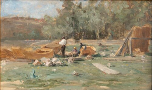 oeuvre de louis appian - batelier au bord de la rivière - huile sur toile