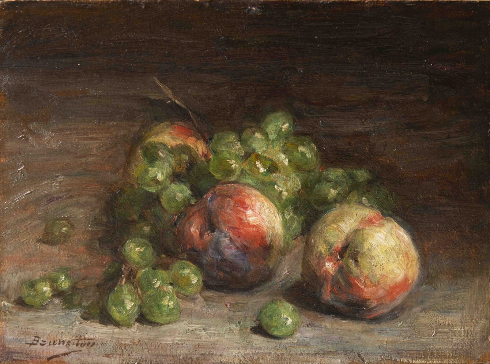 Joseph Brunetton, Nature morte aux pêches et aux raisins blancs, vers 1890, huile sur carton, 22.5 x 31.5 cm, Tomaselli Collection.
