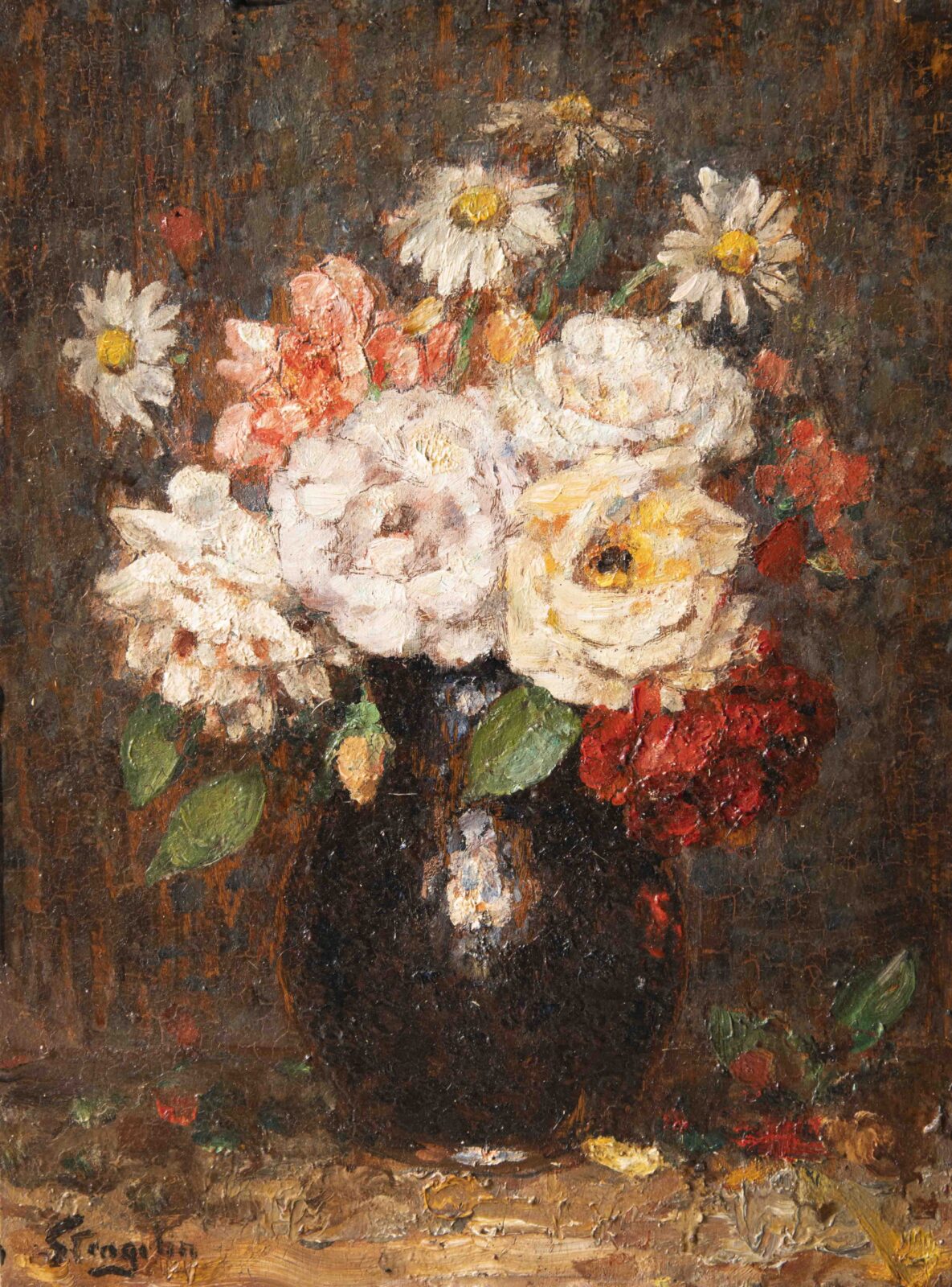 Alphonse STENGELIN, Roses et marguerites, huile sur panneau d'acajou, 41 x 31 cm, Tomaselli Collection.