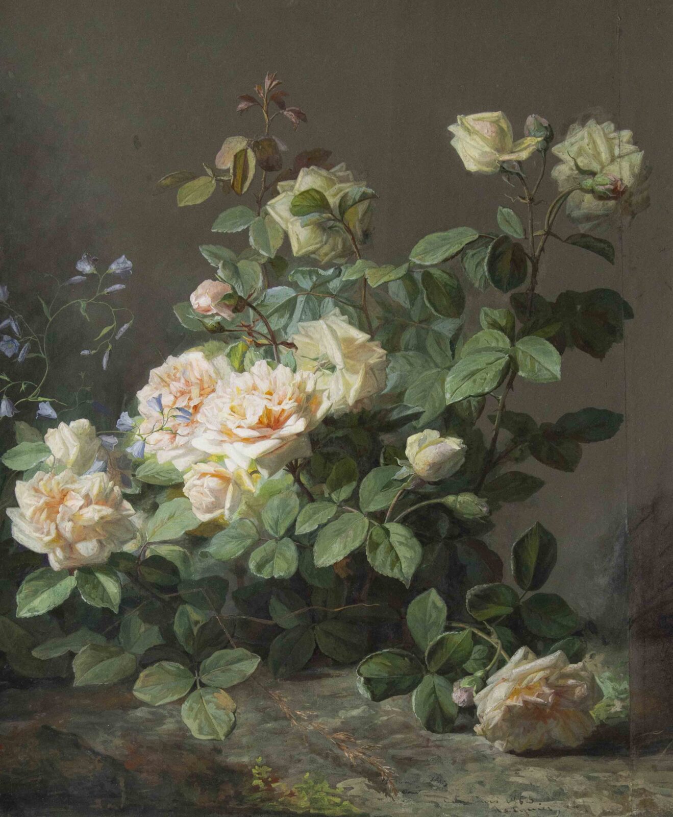 Pierre DUPERRAY, Composition fleurie aux roses blanches, 1863. Contresignée et datée par Jean Marie REIGNIER en bas à droite. Gouache sur papier, 65 x 54 cm. Tomaselli Collection