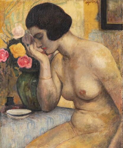 oeuvre de marc aynard - jeune femme nue aux roses - huile sur toile