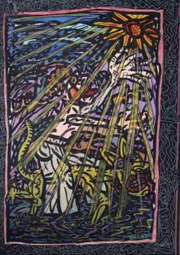 oeuvre de robert combas - le regardeur de soleil qui cherche la lumière avec son chat jaune - acrylique sur toile
