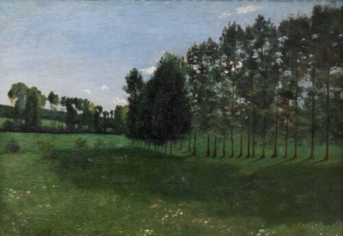 oeuvre de jean-baptiste camille corot - rangée de peupliers en normandie - huile sur papier marouflé sur toile