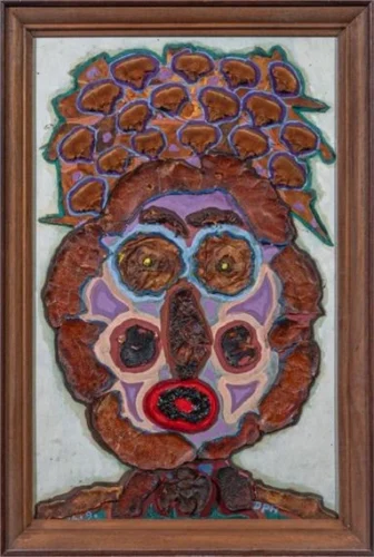 oeuvre de philippe dereux - la coiffure aux oiseaux - collage d’épluchures sur fond de gouache, sous vitre