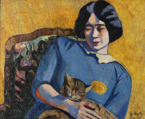 oeuvre de georgette agutte - une asiatique assise - huile sur toile
