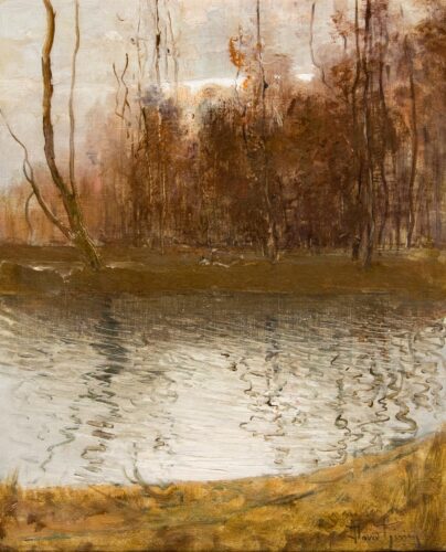 oeuvre de david-eugène girin - crépuscule sur l’étang - huile sur toile