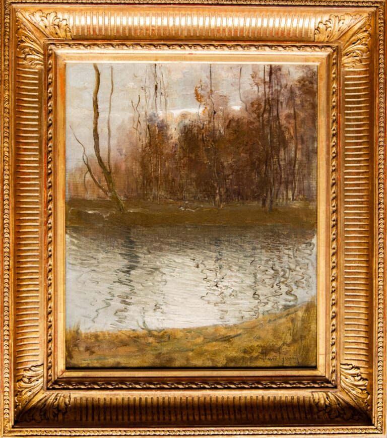 oeuvre de david-eugène girin - crépuscule sur l’étang - huile sur toile