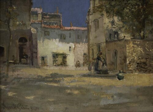 oeuvre de david-eugène girin - place de village en algérie - huile sur carton