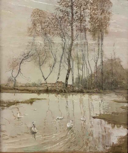oeuvre de david-eugène girin - l’étang aux cygnes - huile sur carton
