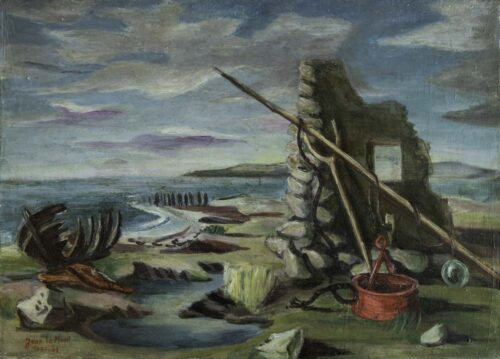 oeuvre de jean le moal - paysage aux ruines et à l’épave - huile sur toile