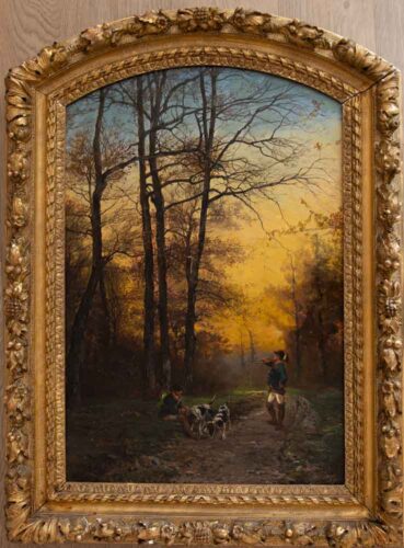 oeuvre de théodore levigne - la chasse à courre - huile sur toile