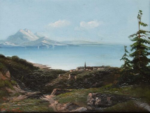 oeuvre de théodore levigne - lac de montagne - huile sur toile