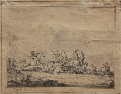oeuvre de adrien manglard - escarmouche - plume et lavis gris