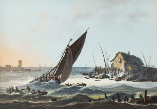 oeuvre de jean-baptiste pillement - pêcheurs sur le tage, portugal - huile sur toile