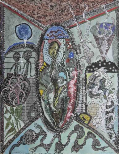 oeuvre de bernard pruvost - fariboles (l’escalier de satin fond dans la bouche) - acrylique, encre de chine et gouache sur papier