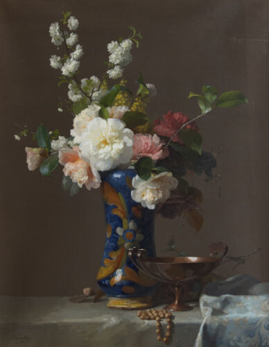 oeuvre de françois rivoire - bouquet dans un vase en porcelaine et coupe en cuivre - gouache sur papier